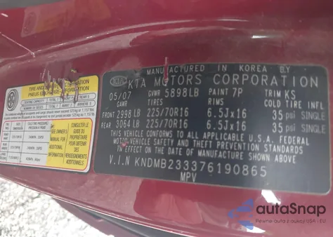 2007 Kia Sedona Lx z USA, uszkodzony, nr VIN KNDMB233376190865